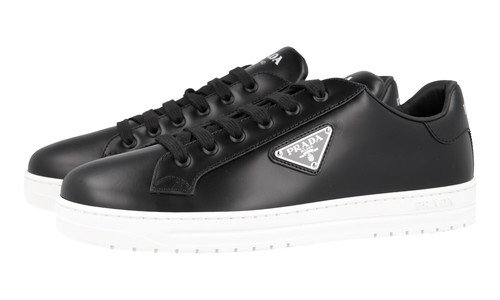 PRADA DOWNTOWN SNEAKERS SHOES 1E904M BLACK LEATHER NEW US 10