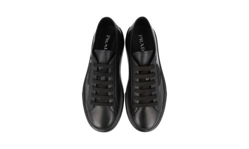 Pre-owned Prada Luxury  Macro Sneakers Shoes 4e3560 Black Leather
