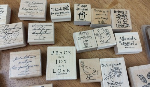 Stampin Up! 40 Pc Wood Mounted Stamp Lot New/Used Script Business Thanks Animals