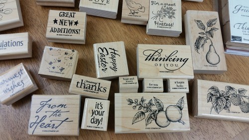 Stampin Up! 40 Pc Wood Mounted Stamp Lot New/Used Script Business Thanks Animals