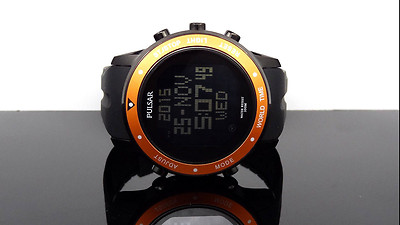 Pulsar PQ2017 Digital World Time Chronograph Orange Bezel Black Band Men's Watch