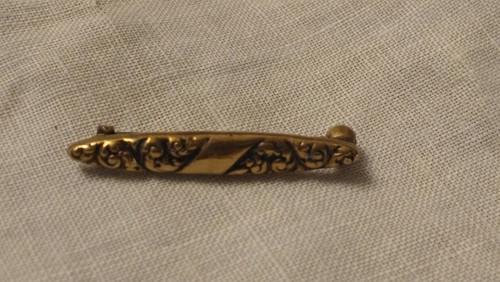 Antique Victorian tiny brass repousse bar pin. C clasp