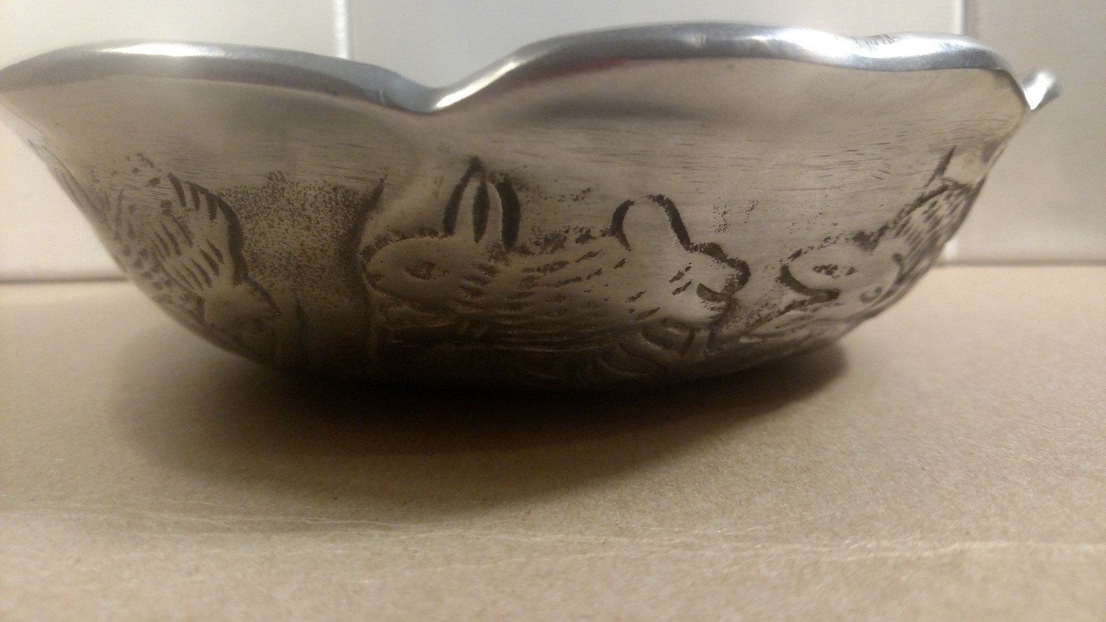 VINTAGE ALUMINUM BOWL, SCALLOPED EDGE,  BUNNY ETCHED DESIGN, MADE IN INDIA