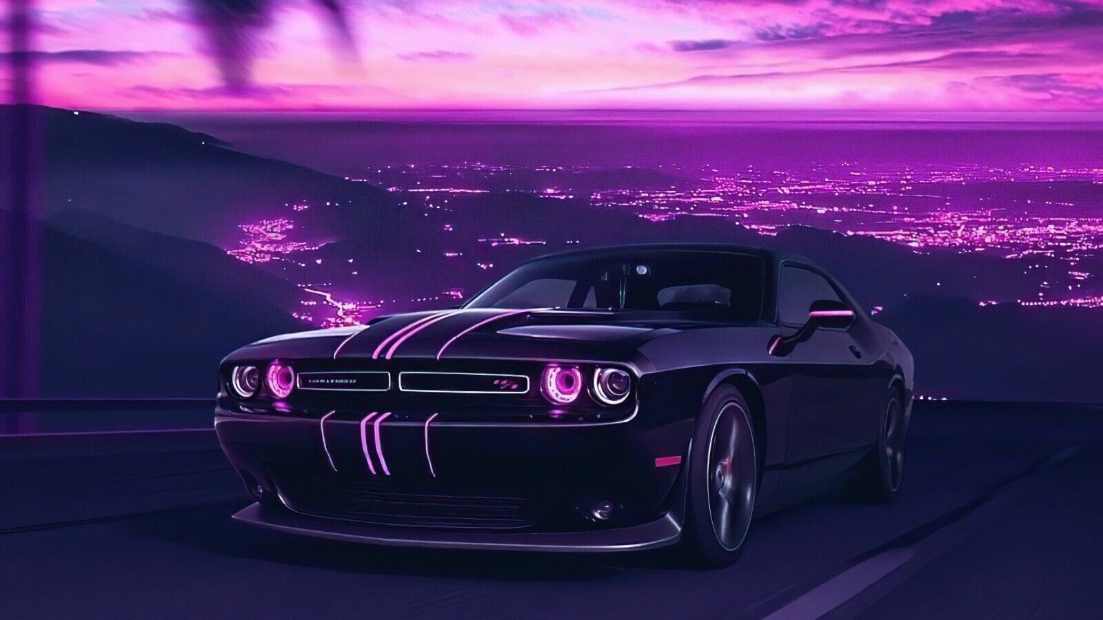 Black Dodge Challenger City View Purple Sky | POSTER 24 X 36 Black Dodge Challenger City View Purple Sky | POSTER 24 X 36