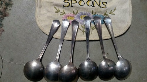 6 1912 Silverplate Rogers Puritan Gumbo Soup Sugar Spoons Silver Plate Bouillon
