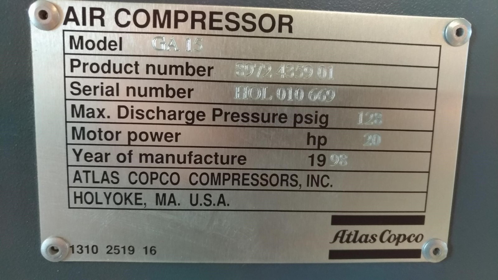 ATLAS COPCO GA15  20HP AIR COMPRESSOR, Full System Rebuilt