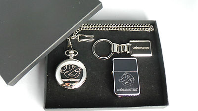Ghostbusters Gift Set Slimer Silver Plated Pocket Watch Keyring & Petrol Lighter