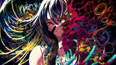 Anime girls chimera heterochromia smiling long hair CCG Gaming Mat Desk
