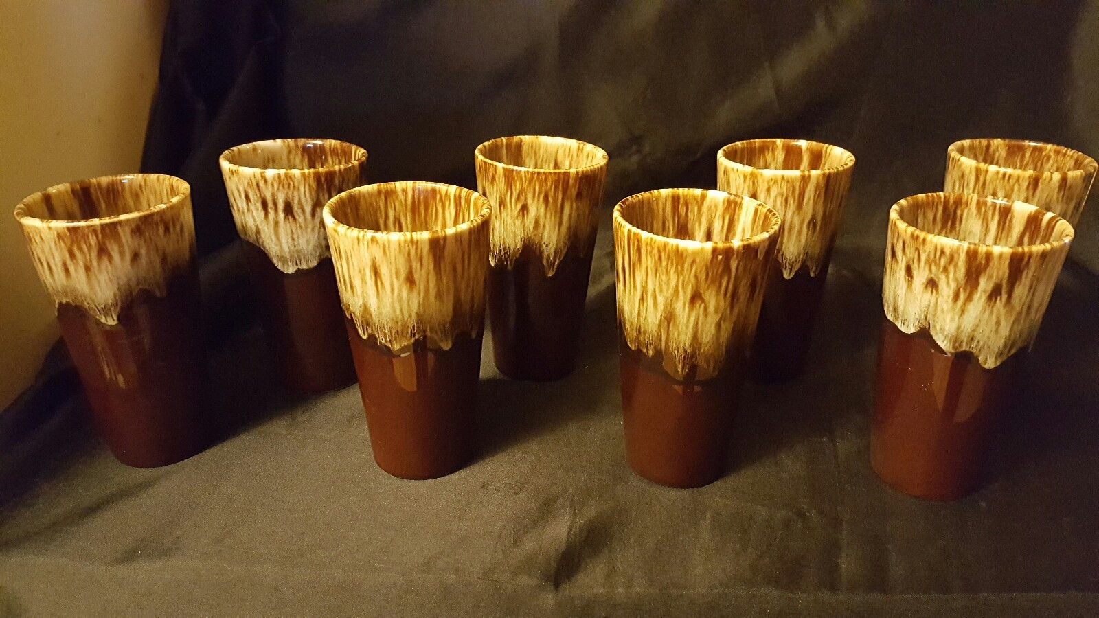 8 Vintage USA Brown Drip Glaze Tumbler Glasses Pottery Brown 12 oz