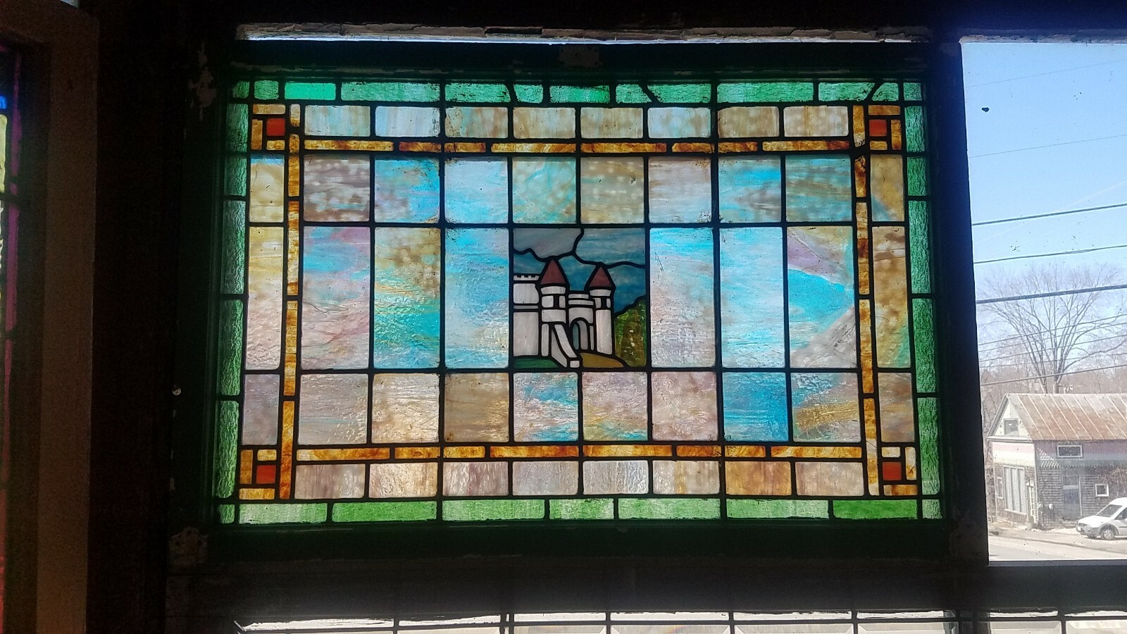 ANTIQUE STAINED GLASS WINDOW WITH CASTLE 26 BY 39