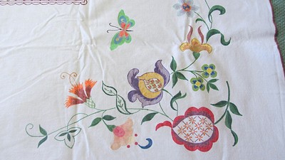 VintageTablecloth 66 x 53 HAND PAINTED Flowers Print Floral