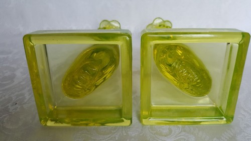 VINTAGE VASELINE GLASS KOI FISH CANDLESTICKS  MMA METROPOLITAN ART MUSEUM GLOW