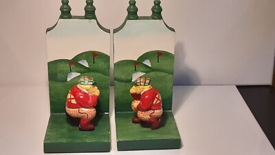 Pair of Golfing Themed Wooden Book Ends Gift for Golfer 8 1/2''x4 1/2''