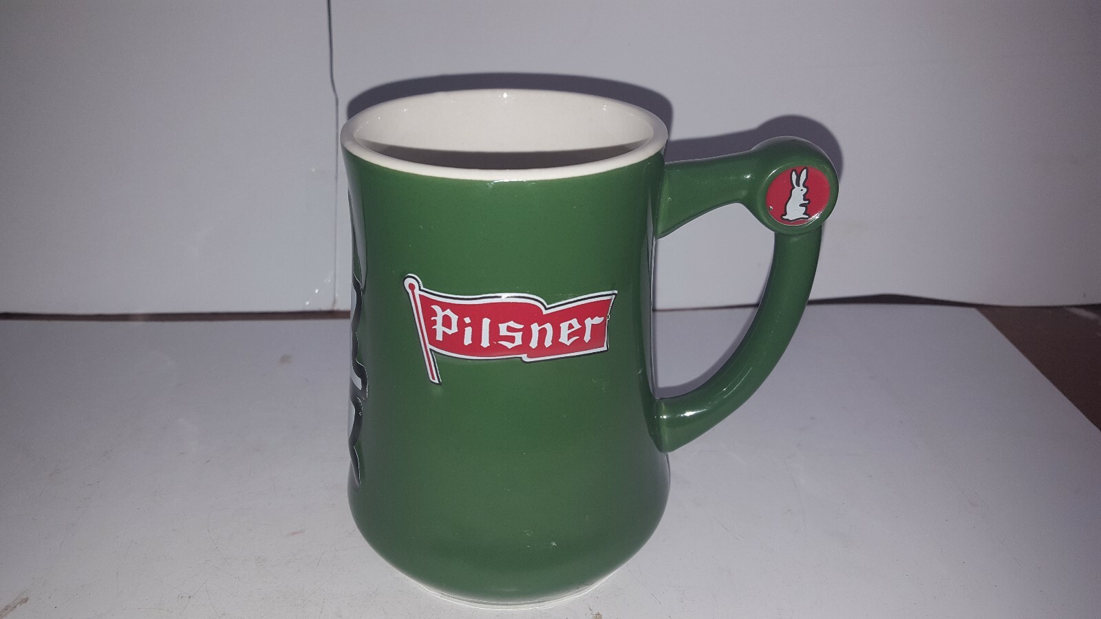 Molson Old Style Pilsner Beer Mug Cup Glass White Rabbit Green mug Red Handle