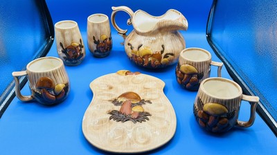 Vtg Arnels 1970s Mushroom Ceramic Kitchen Mugs Cups Pitcher & Deviled Egg Tray