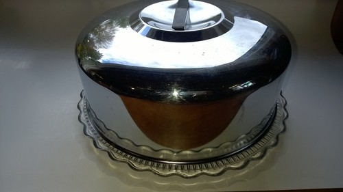 Vintage  Large  Mid-Century Chrome Cake Saver  Pressed Glass Plate  USA Made