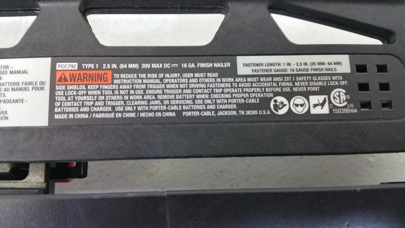 Porter-Cable 20V MAX Li-Ion 16GA Straight Finish Nailer (Bare Tool) PCC792B