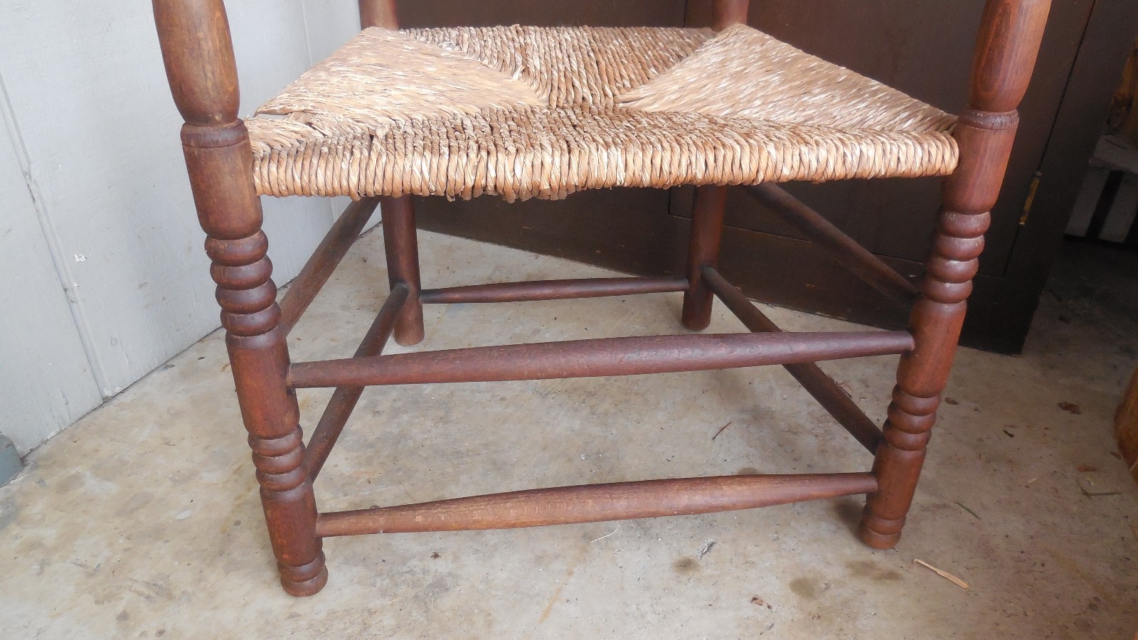 Old American Chair w/ Rush Seat, Carved Arms ~  Primitive Antique Rustic