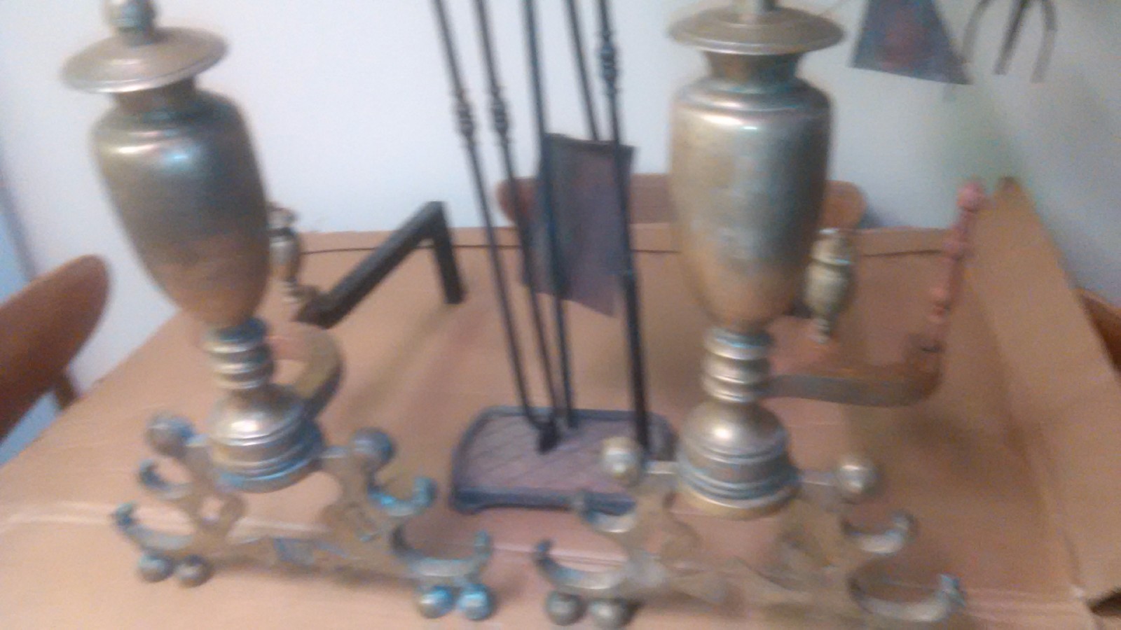 VINTAGE CHINESE CHIPPENDALE HAND FORGED BRASS URN ANDIRONS & FIREPLACE TOOLS SET