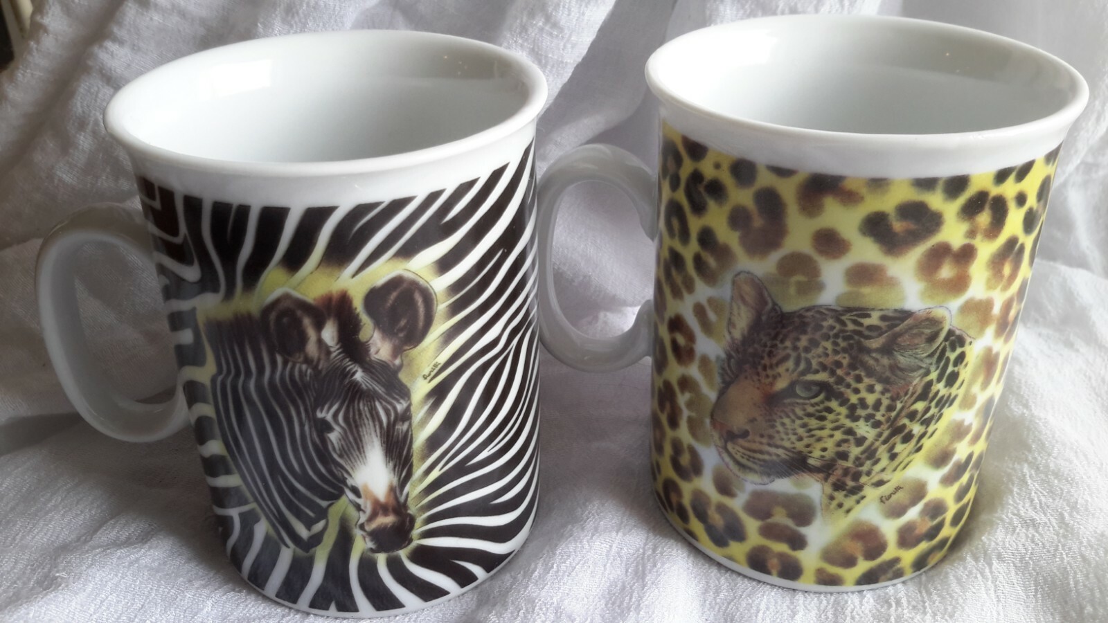 1855 EMAIL DE LIMOGES MUGS LEOPARD & ZEBRA I. GODLINGER COFFEE CUP PAIR DESIGNER
