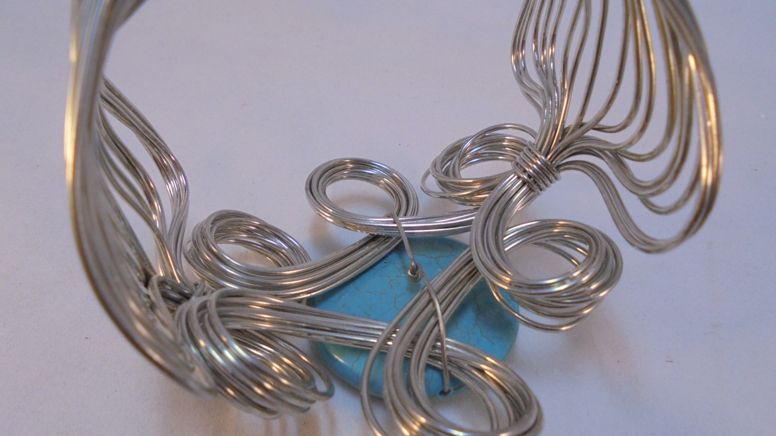 Cuff Bracelet Silver Colored metal Wrapped Wire Style w/ Turquoise Colored stone