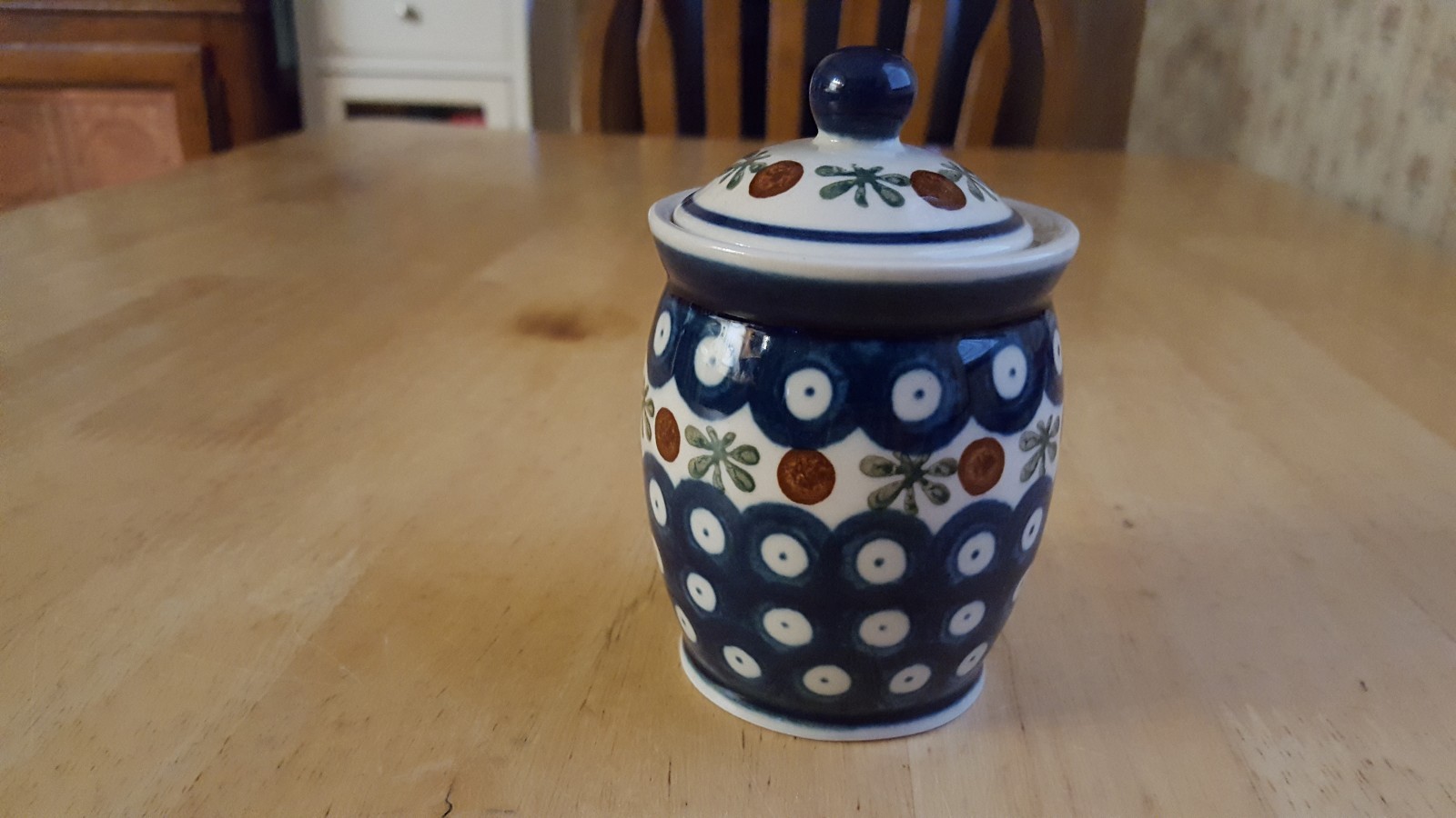 Small Vintage Polish Pottery Boleslawiec Blue Peacock Dots Canister 4