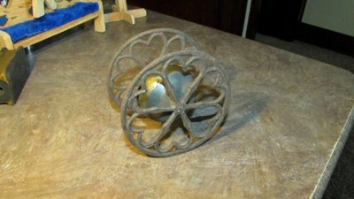 Antique Cast Iron BELL RINGER PULL TOY Ornate Heart Wheels -WORKS-Victorian