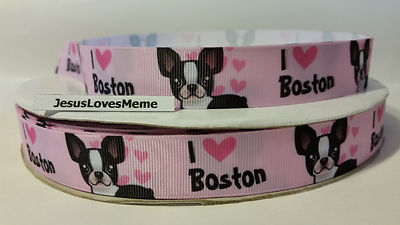 Grosgrain Ribbon, I Love Boston Terrier Doggies with Pink Hearts, 7/8'' Wide