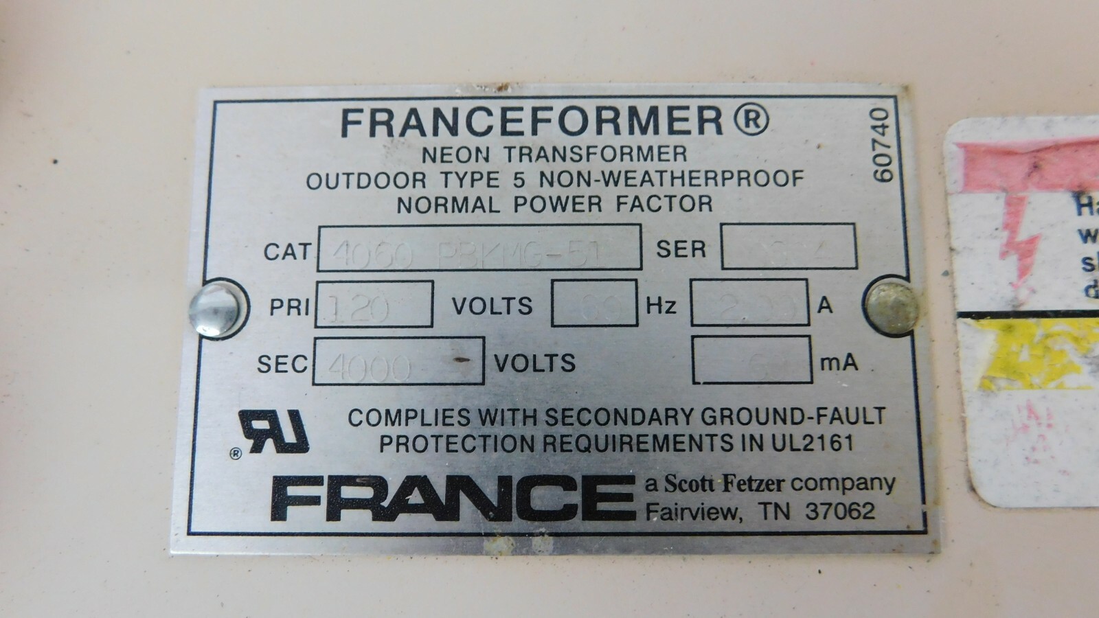 FRANCE Neon Transformer  FRANCEFORMER   4060 PBKMG-51 4000 VOLTS 60HZ 120VAC
