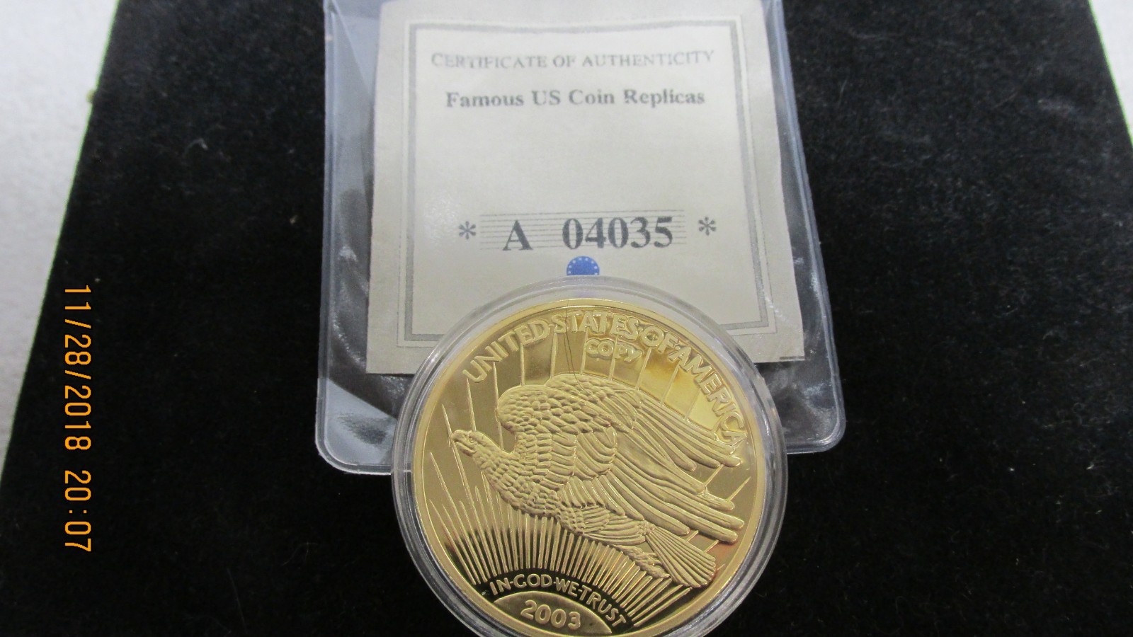 24K AMERICAN MINT 1933 GOLD DOUBLE EAGLE PROOF COMMEMORATIVE COIN with COA.