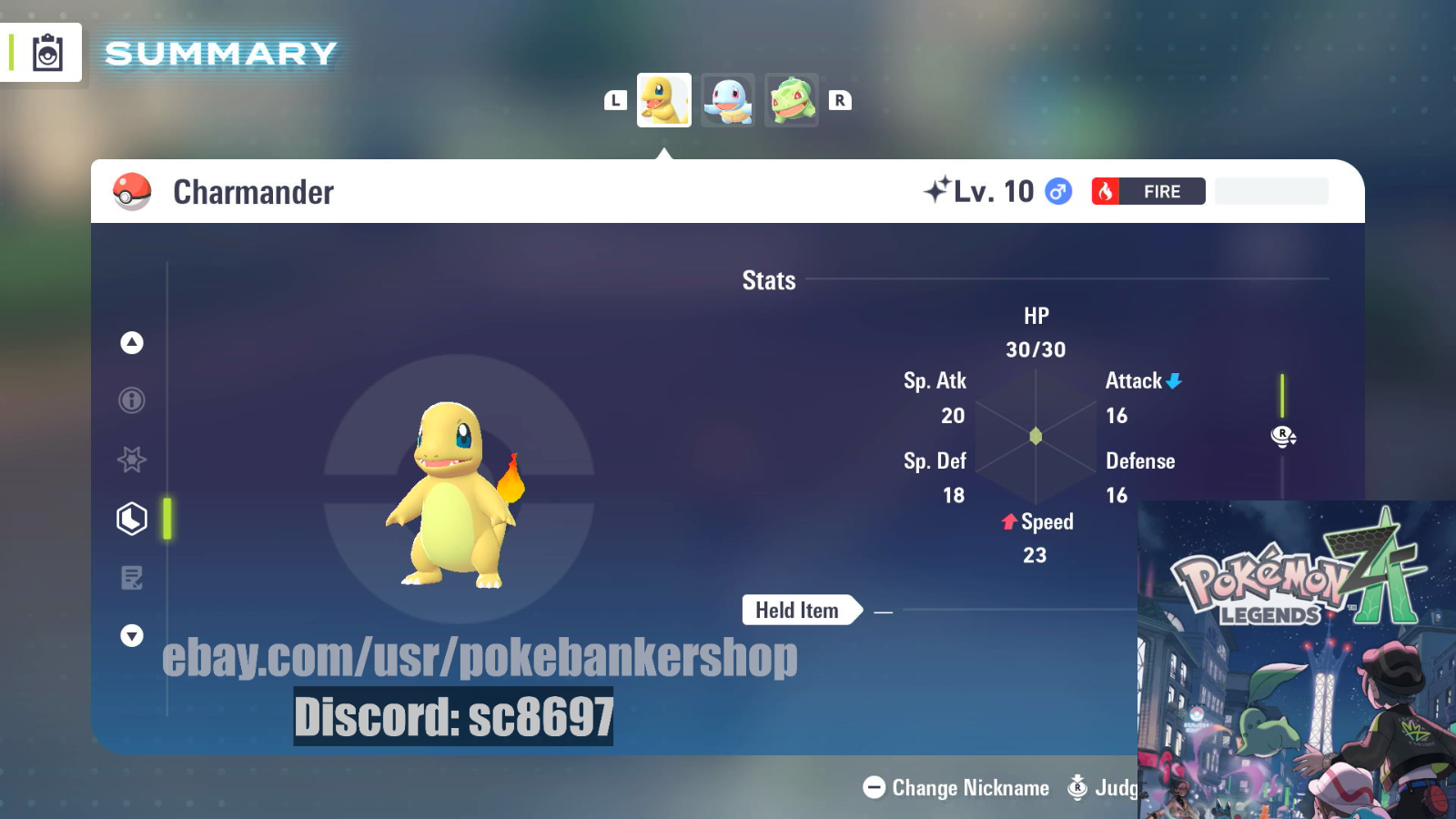 Pokemon Legends Z-A ❇️ Shiny Charmander LV.10 Playthrough Only (Unobtainable)