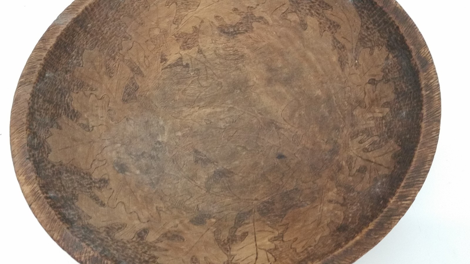 Wooden 10 Inch Bread Bowl - Hand Carved Leaves & Rabbit Scene On Interior     SH