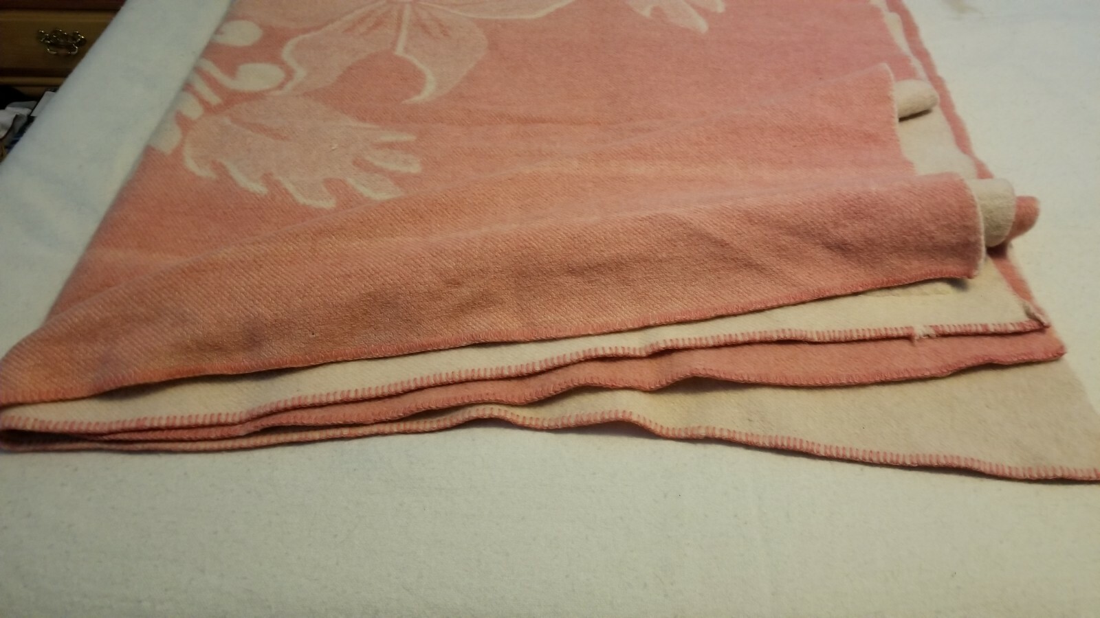 Vintage Art Deco Pink Creme Floral Reversible ORR Health Wool Blanket 72 x 82