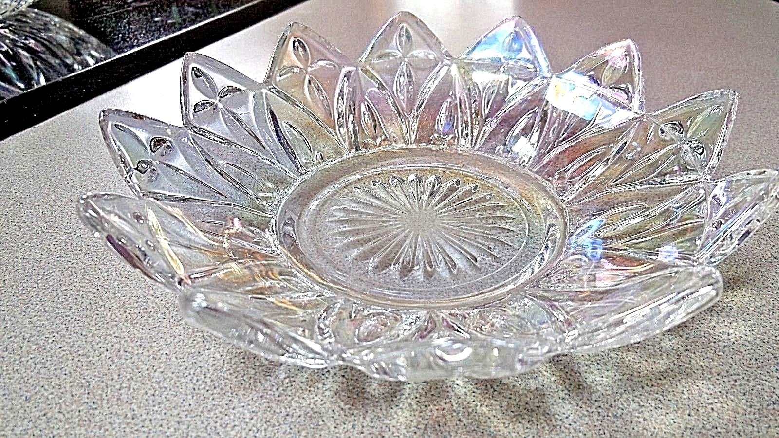 Carnival Glass Candy Dishes 2 Iridescent,Clear, Petal Pattern with Crosses