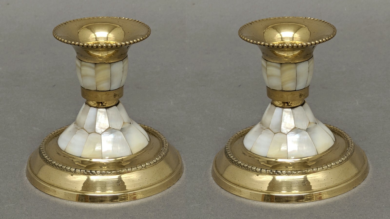 Brass Mother Of Pearl Inlay Round 3.25"dia 3"high Set Of 2