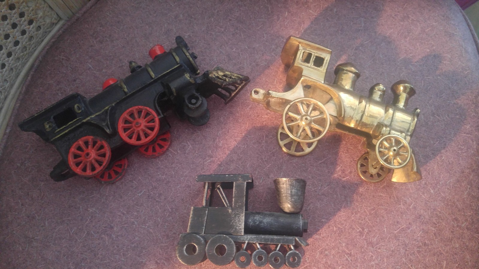 Vintage Black  and Gold Metal Trains Engine, Crude Designand