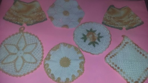 7 Vintage Hand Crocheted Potholders. Golden yellow, White, and some with green.