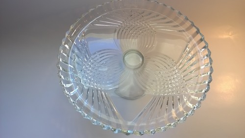 Vintage Heavy Clear Glass Pedestal Cake Stand Ornate  Pressed Glass