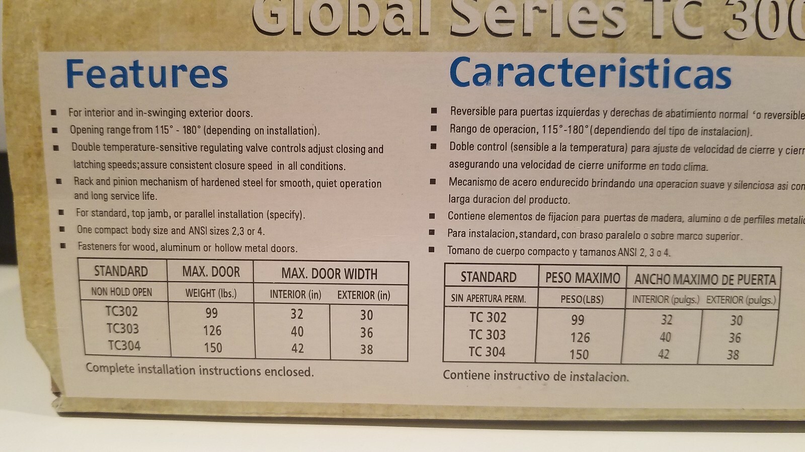 Door Closer Metal Global TC 302 Residential Light Commercial - New