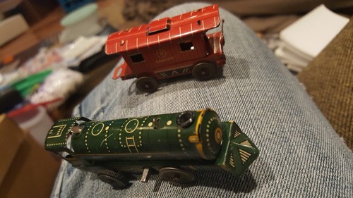 Vintage Tin Railroad and 2 Trains and 1 flat bed