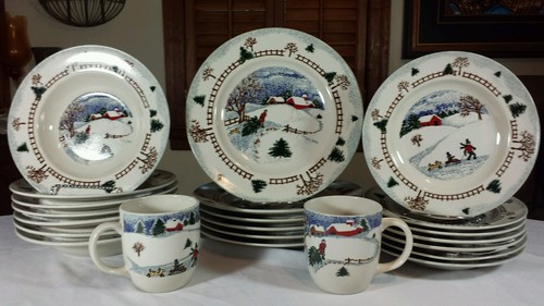 Folkcraft Stoneware WINTER SIDE Christmas Scenery China Dishes Dinnerware 22 Pc