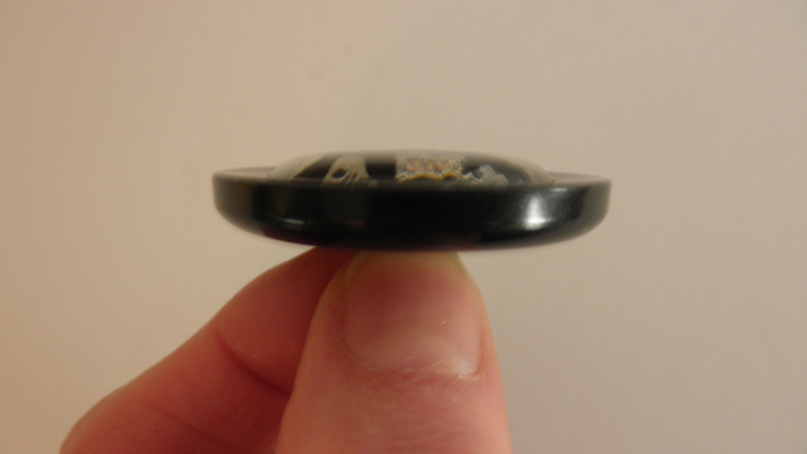 Two Vintage Black Plastic Bakelite? 1 ½'' Shank Buttons / Abalone Center Inset