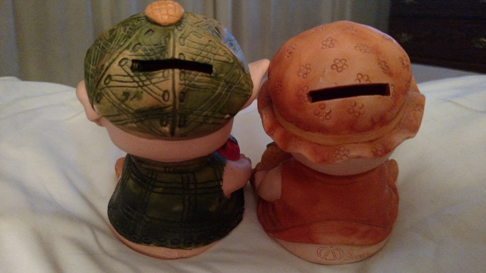 2 Vtg Koreart resin old piggy coin banks figurine strawberry orange home decor