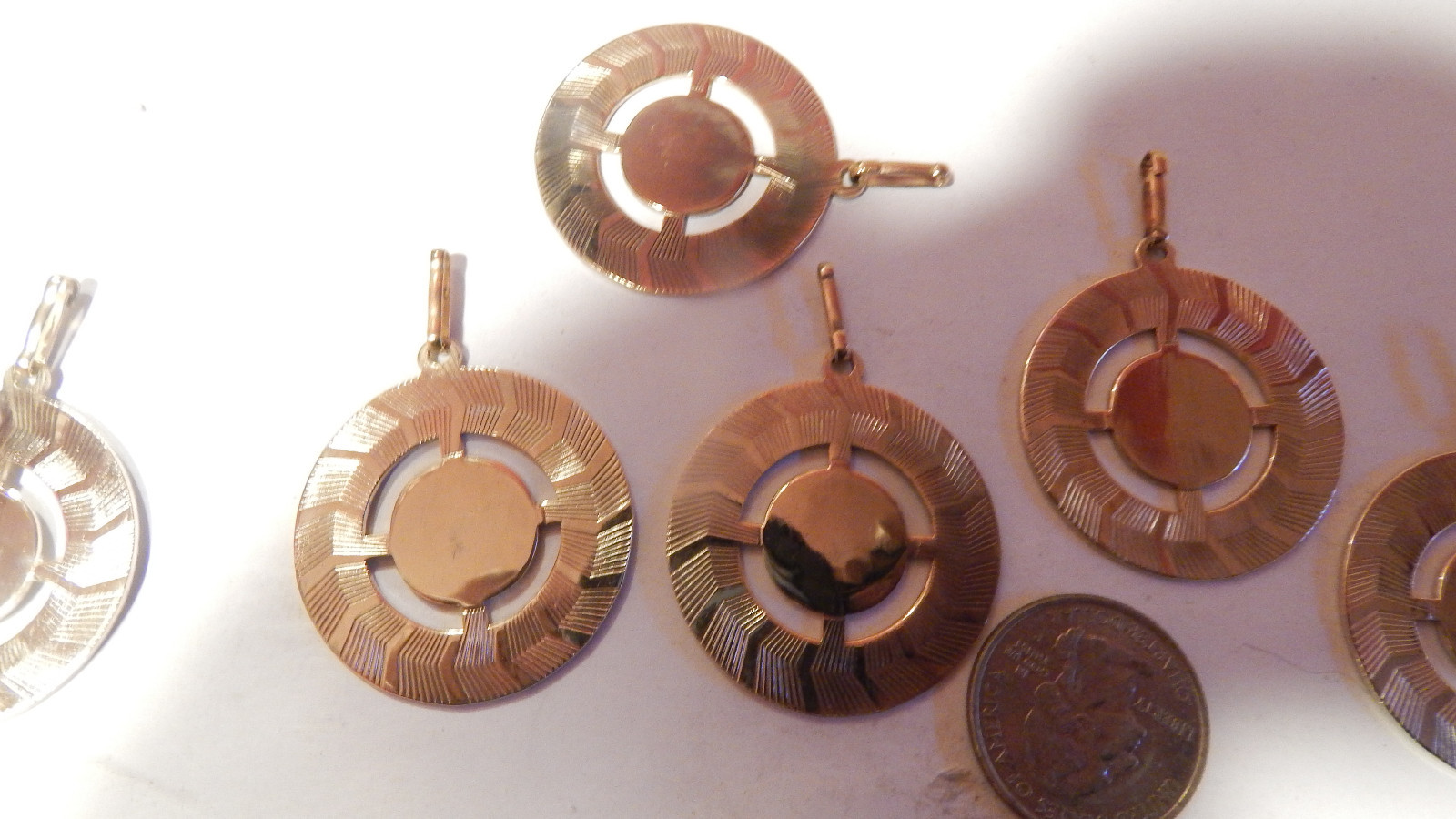 6 VINTAGE LARGE GOLD PLATE DISC CHARM PENDANTS