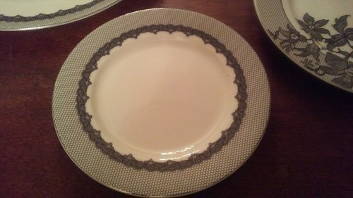 NEW RALPH LAUREN China Cocktail Dress 5 Pc Place Setting Black Platinum Lace Rim