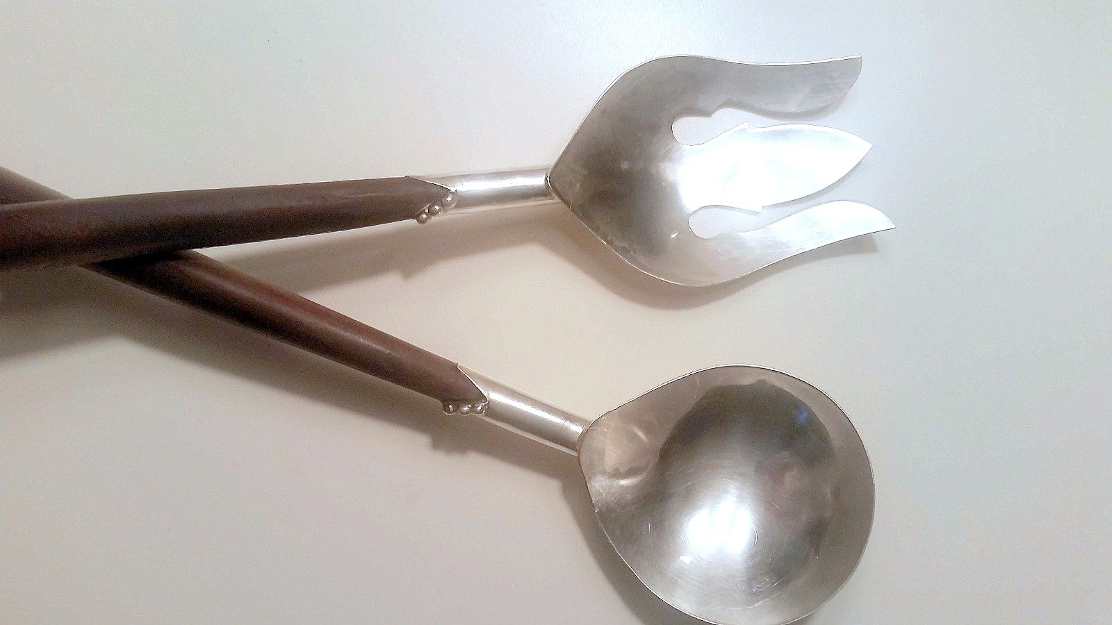 LARGE MID CENTURY MEXICAN STERLING SILVER .925 SERVING FORK SPOON TEAK HANDLE