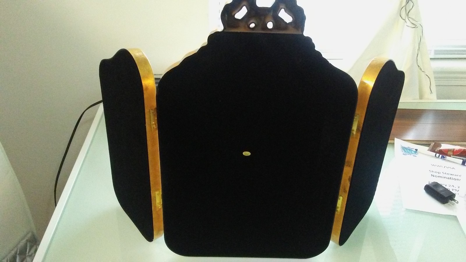 Antique three panel mirror in ornate goldtone frame