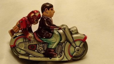 Vintage 50s Tin Wind-up Toy Kanto Japan Motorcycle Rider with Monkey Acrobat