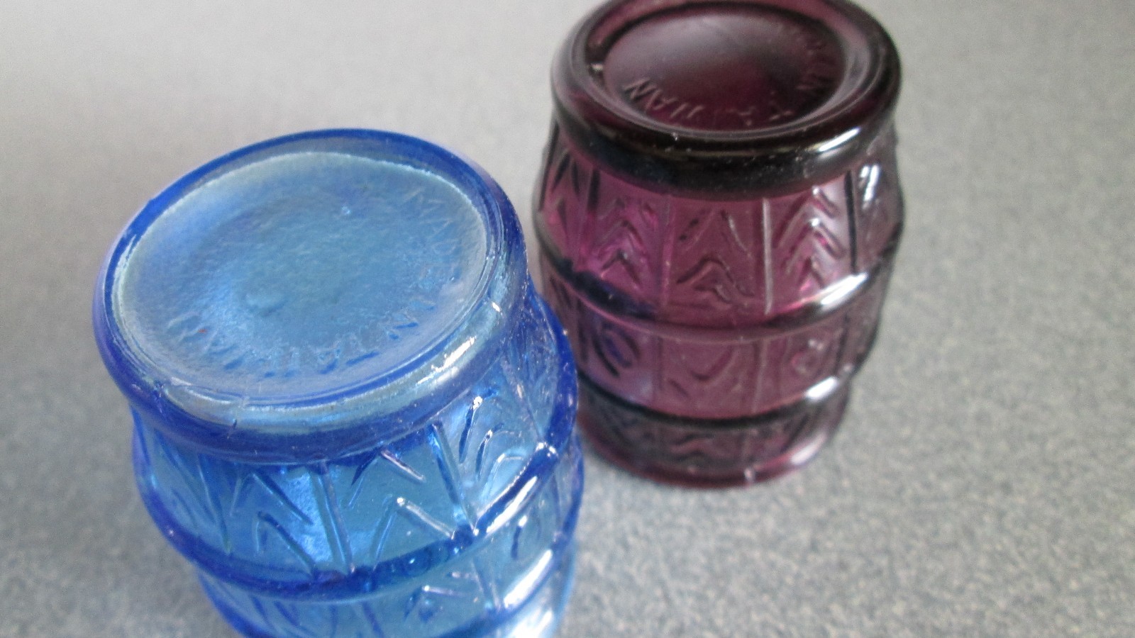Vintage Barrel Toothpick Holders Glass Blue & Purple Set of