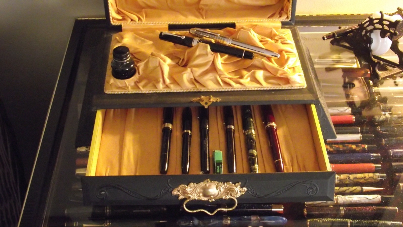 Antique Embossed Pen Box with Display & Tray, Sepia Tint Image on Top